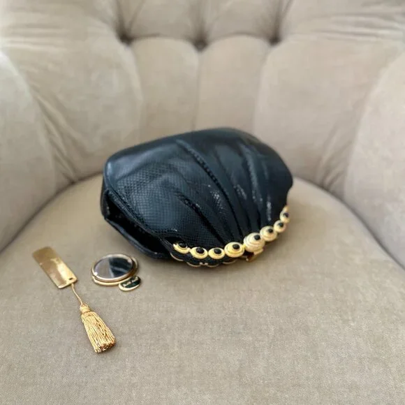 VTG Auth JUDITH LEIBER Genuine Karung Lizard Black Convertible Minaudiere Bag - Picture 5 of 9